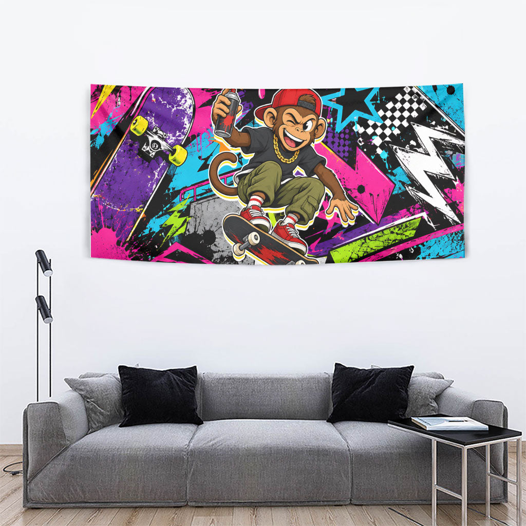 Skateboarding Monkey Tapestry Neon Graffiti Spray Paint Urban Streetwear Art