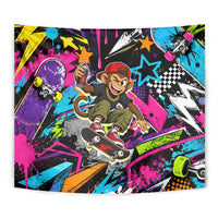 Skateboarding Monkey Tapestry Neon Graffiti Spray Paint Urban Streetwear Art