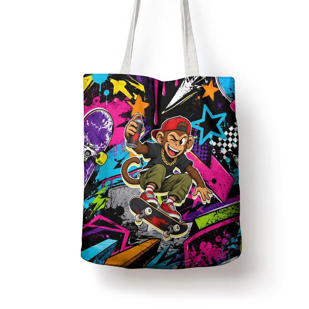 Skateboarding Monkey Tote Bag Neon Graffiti Spray Paint Urban Streetwear Art