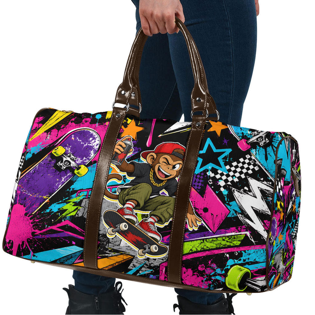 Skateboarding Monkey Travel Bag Neon Graffiti Spray Paint Urban Streetwear Art