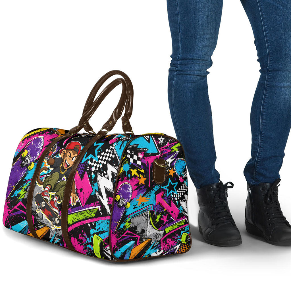 Skateboarding Monkey Travel Bag Neon Graffiti Spray Paint Urban Streetwear Art