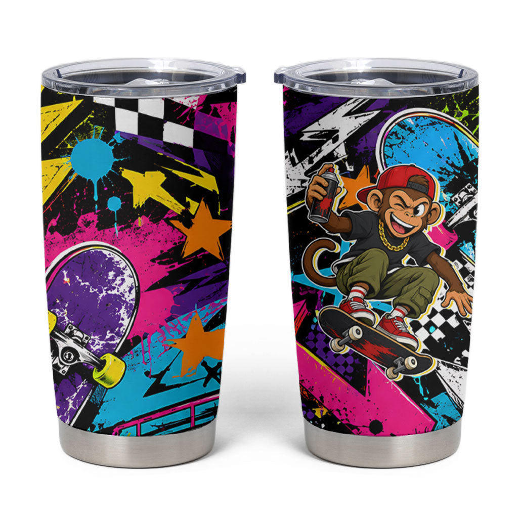Skateboarding Monkey Tumbler Cup Neon Graffiti Spray Paint Urban Streetwear Art