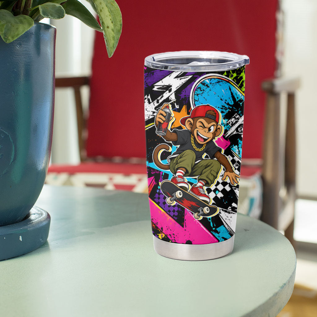 Skateboarding Monkey Tumbler Cup Neon Graffiti Spray Paint Urban Streetwear Art
