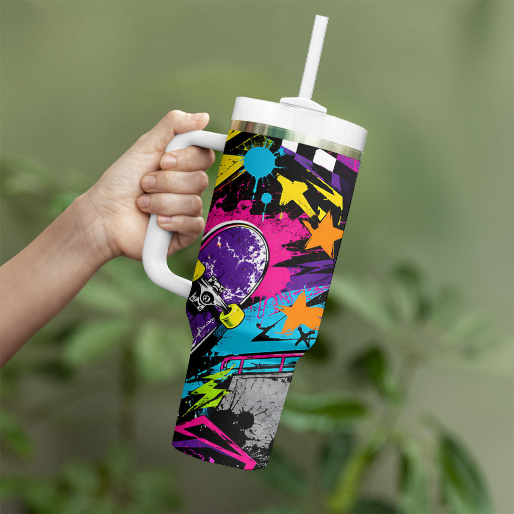 Skateboarding Monkey Tumbler With Handle Neon Graffiti Spray Paint Urban Streetwear Art