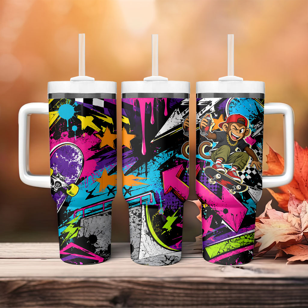 Skateboarding Monkey Tumbler With Handle Neon Graffiti Spray Paint Urban Streetwear Art
