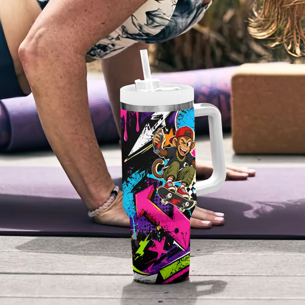 Skateboarding Monkey Tumbler With Handle Neon Graffiti Spray Paint Urban Streetwear Art