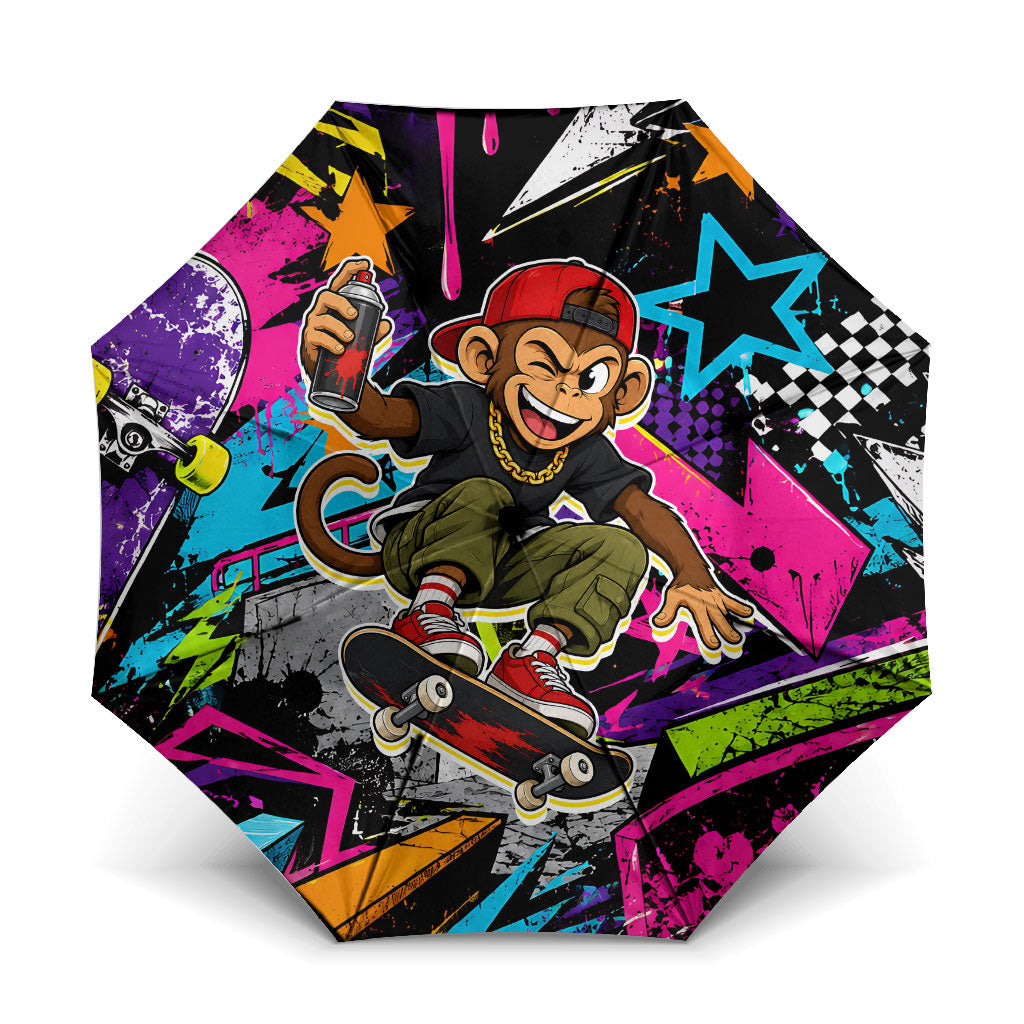 Skateboarding Monkey Umbrella Neon Graffiti Spray Paint Urban Streetwear Art