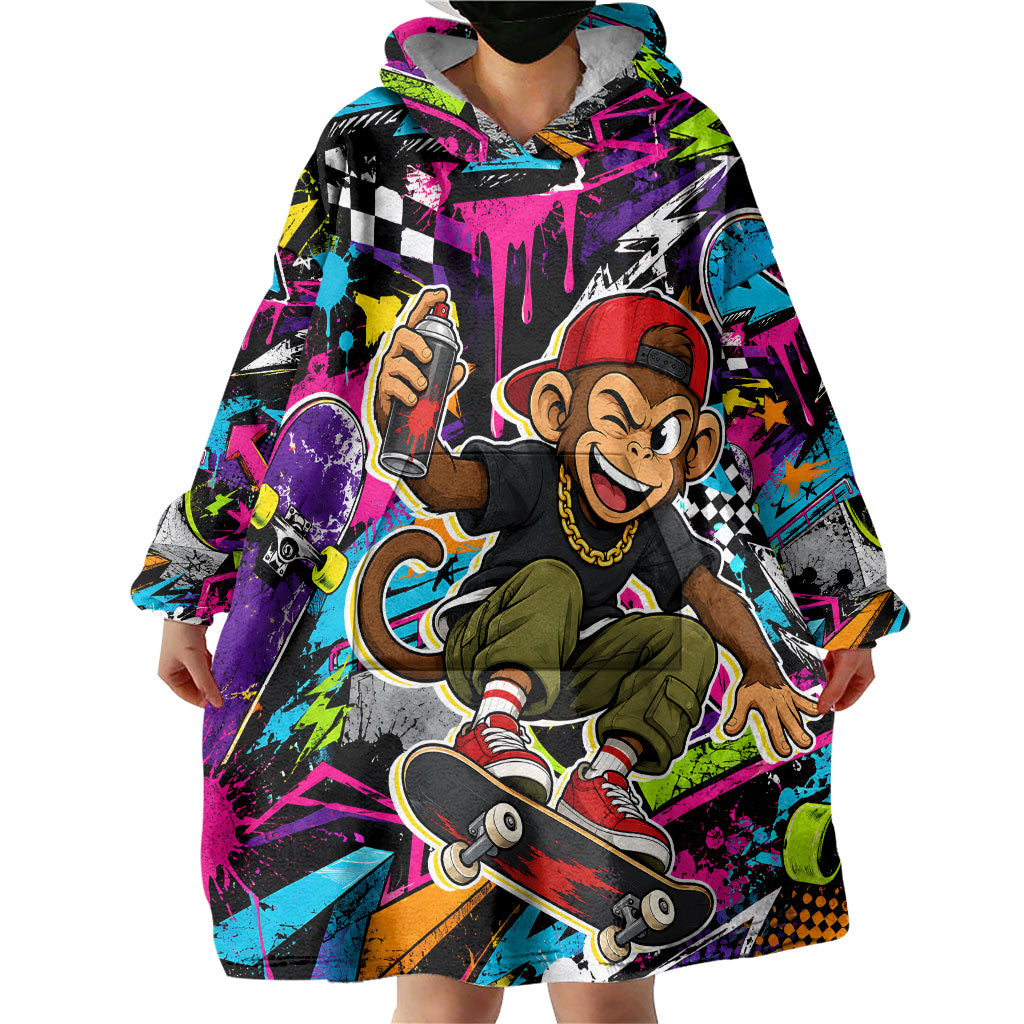 Skateboarding Monkey Wearable Blanket Hoodie Neon Graffiti Spray Paint Urban Streetwear Art