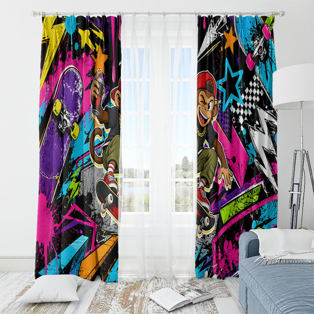 Skateboarding Monkey Window Curtain Neon Graffiti Spray Paint Urban Streetwear Art
