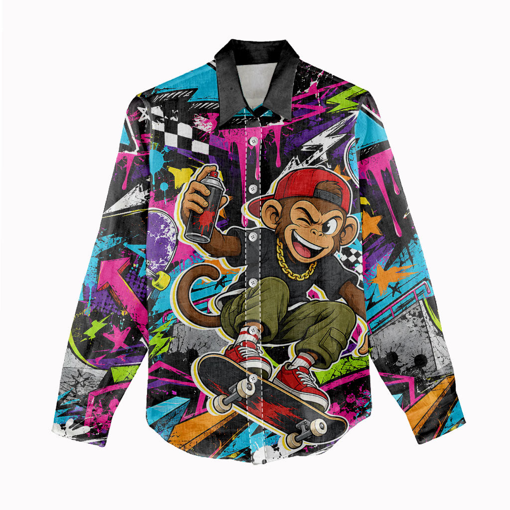 Skateboarding Monkey Women Casual Shirt Neon Graffiti Spray Paint Urban Streetwear Art