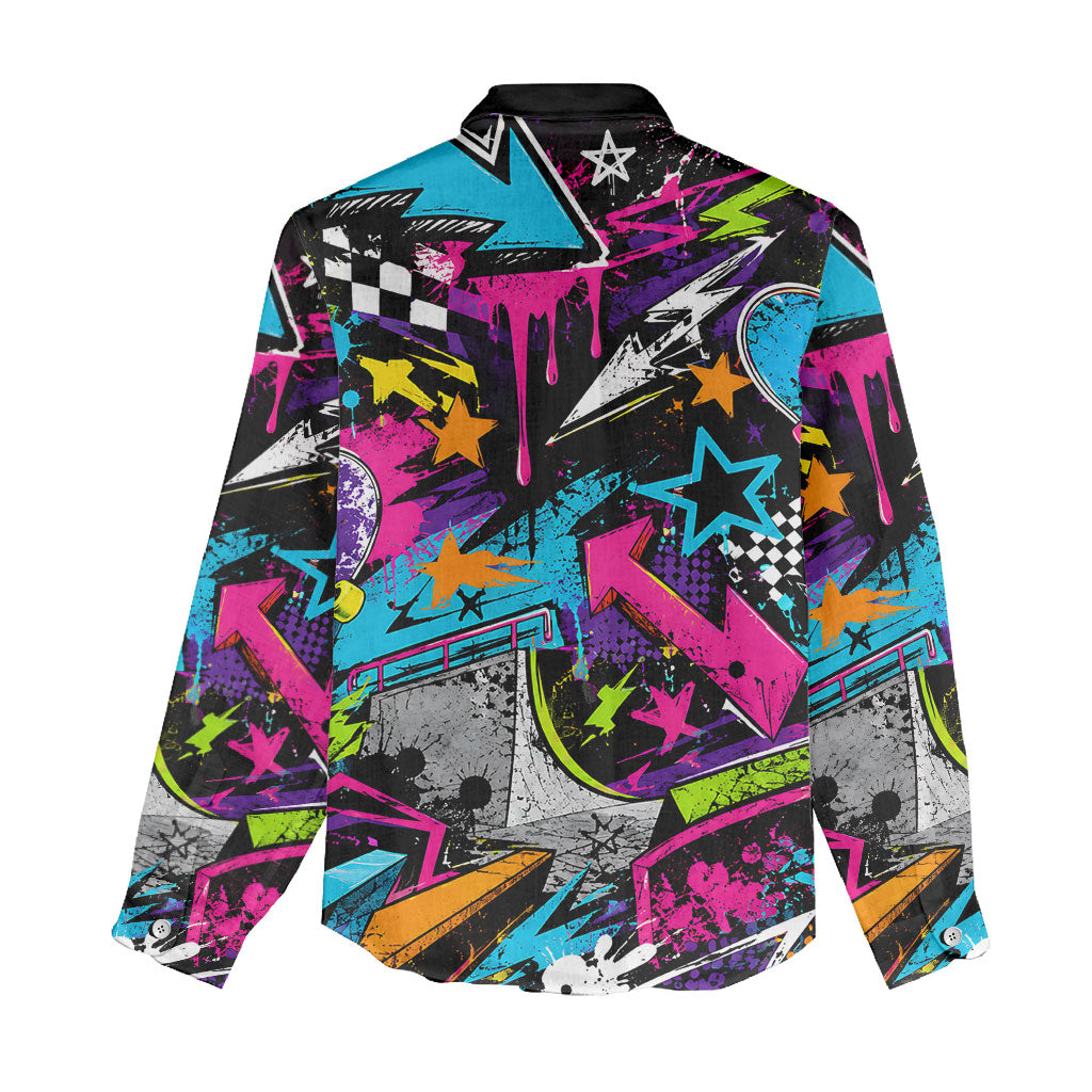 Skateboarding Monkey Women Casual Shirt Neon Graffiti Spray Paint Urban Streetwear Art