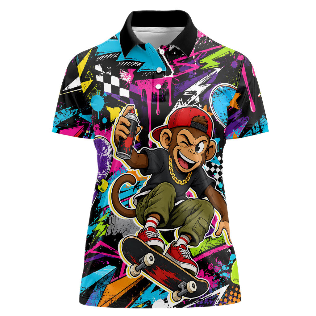 Skateboarding Monkey Women Polo Shirt Neon Graffiti Spray Paint Urban Streetwear Art