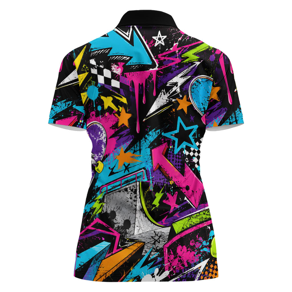 Skateboarding Monkey Women Polo Shirt Neon Graffiti Spray Paint Urban Streetwear Art