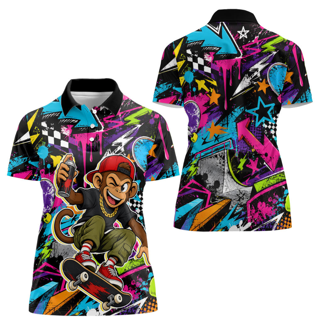 Skateboarding Monkey Women Polo Shirt Neon Graffiti Spray Paint Urban Streetwear Art