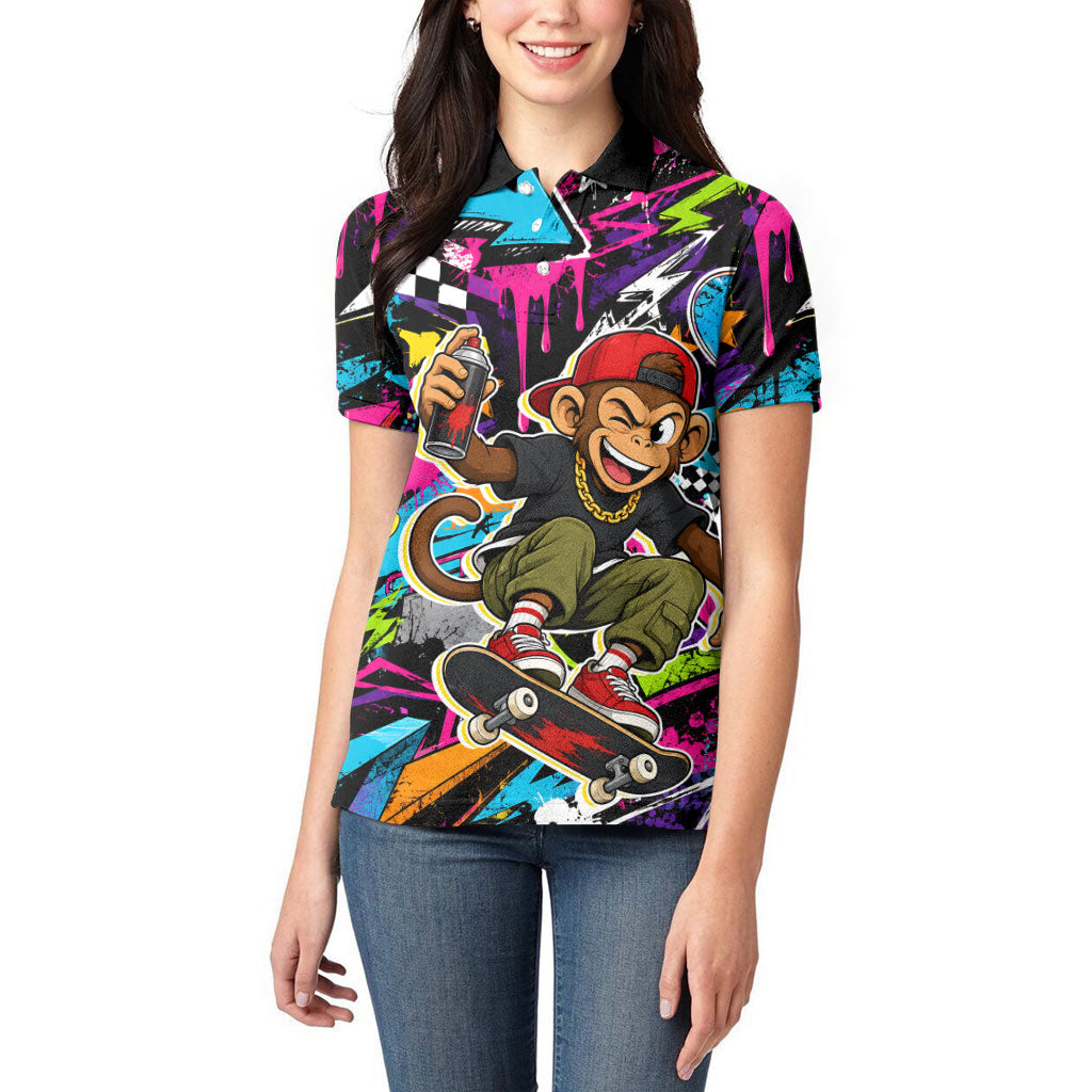 Skateboarding Monkey Women Polo Shirt Neon Graffiti Spray Paint Urban Streetwear Art