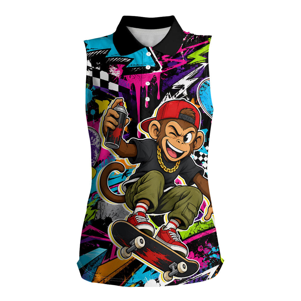 Skateboarding Monkey Women Sleeveless Polo Shirt Neon Graffiti Spray Paint Urban Streetwear Art