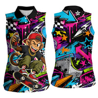 Skateboarding Monkey Women Sleeveless Polo Shirt Neon Graffiti Spray Paint Urban Streetwear Art