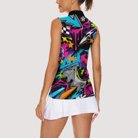 Skateboarding Monkey Women Sleeveless Polo Shirt Neon Graffiti Spray Paint Urban Streetwear Art