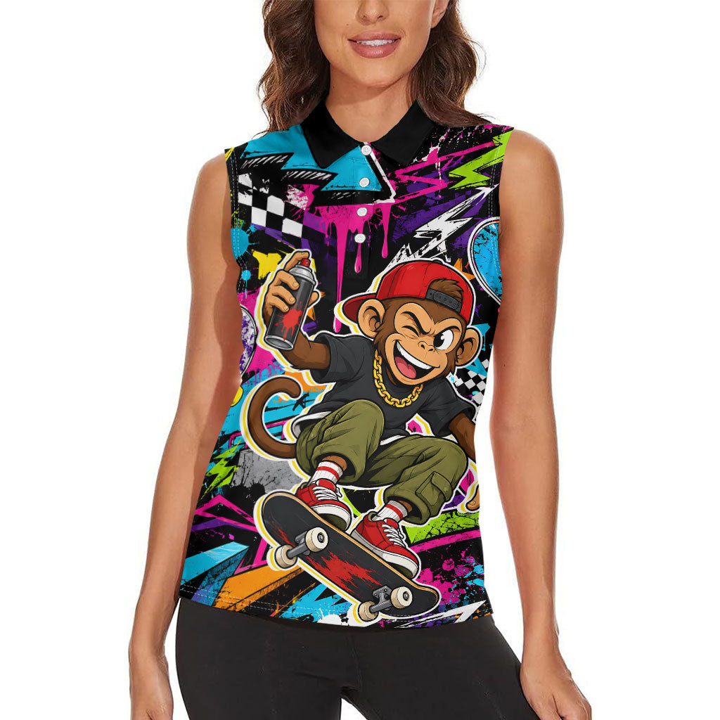 Skateboarding Monkey Women Sleeveless Polo Shirt Neon Graffiti Spray Paint Urban Streetwear Art