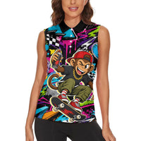 Skateboarding Monkey Women Sleeveless Polo Shirt Neon Graffiti Spray Paint Urban Streetwear Art