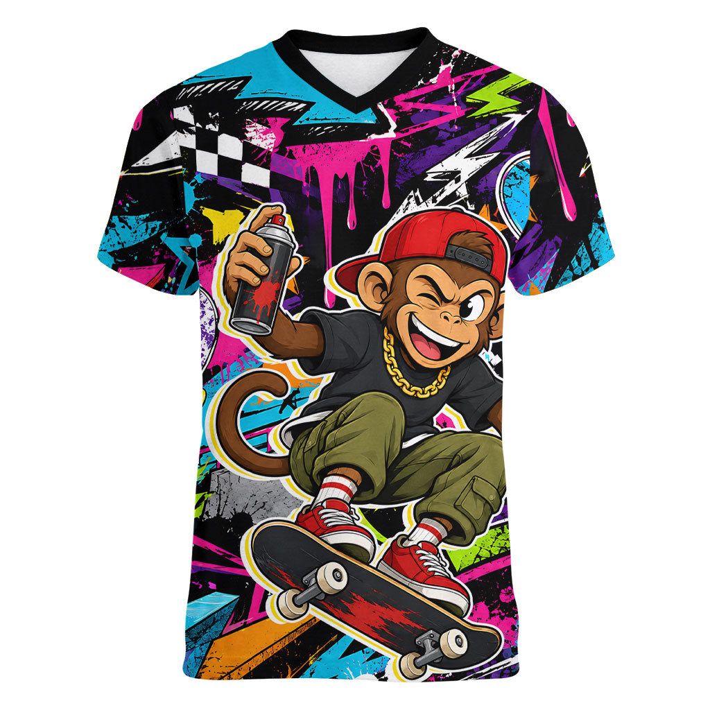 Skateboarding Monkey Women V-Neck T-Shirt Neon Graffiti Spray Paint Urban Streetwear Art