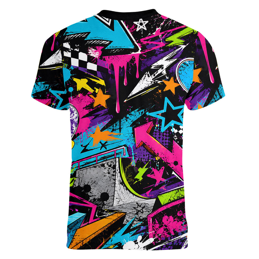 Skateboarding Monkey Women V-Neck T-Shirt Neon Graffiti Spray Paint Urban Streetwear Art