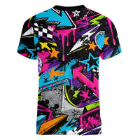 Skateboarding Monkey Women V-Neck T-Shirt Neon Graffiti Spray Paint Urban Streetwear Art