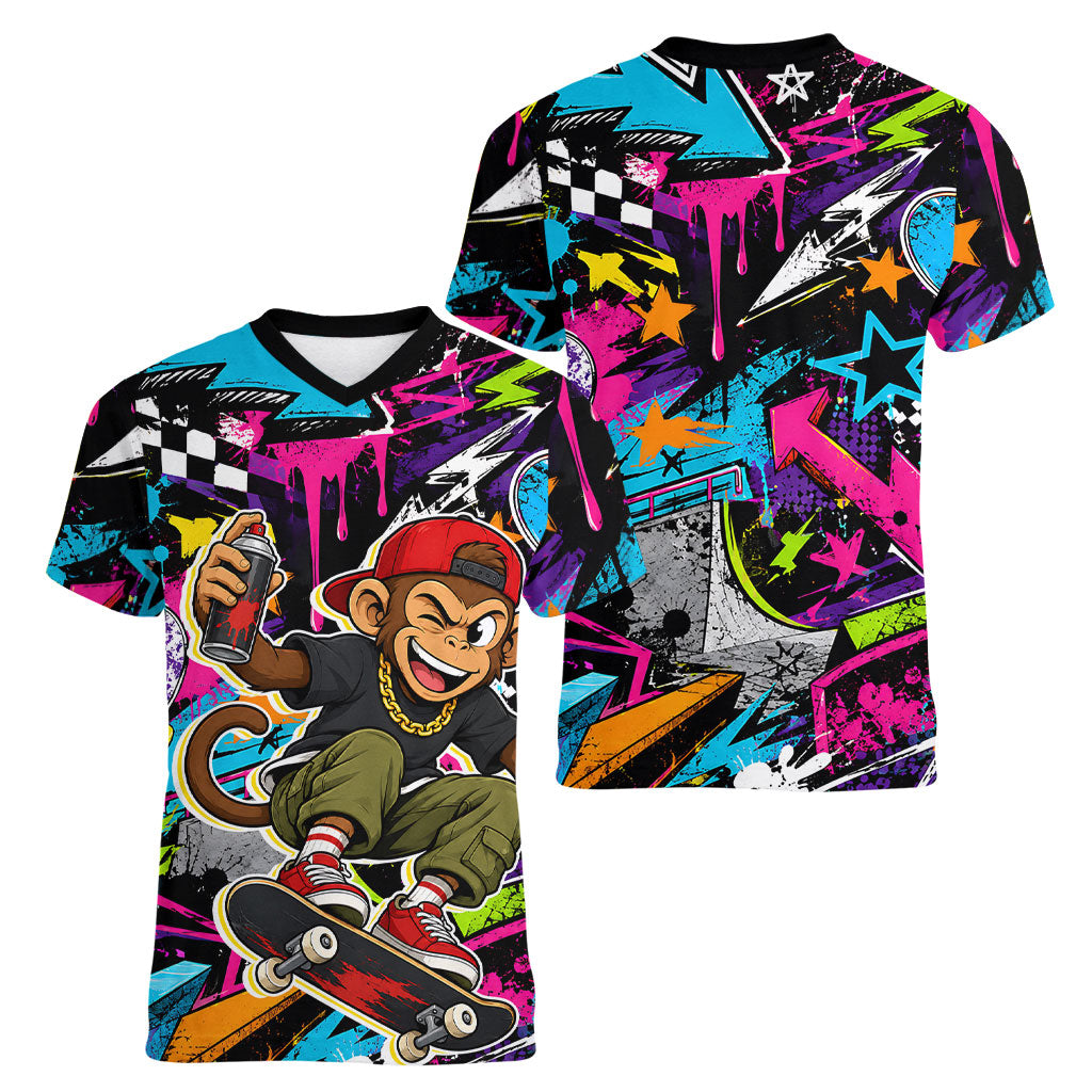Skateboarding Monkey Women V-Neck T-Shirt Neon Graffiti Spray Paint Urban Streetwear Art