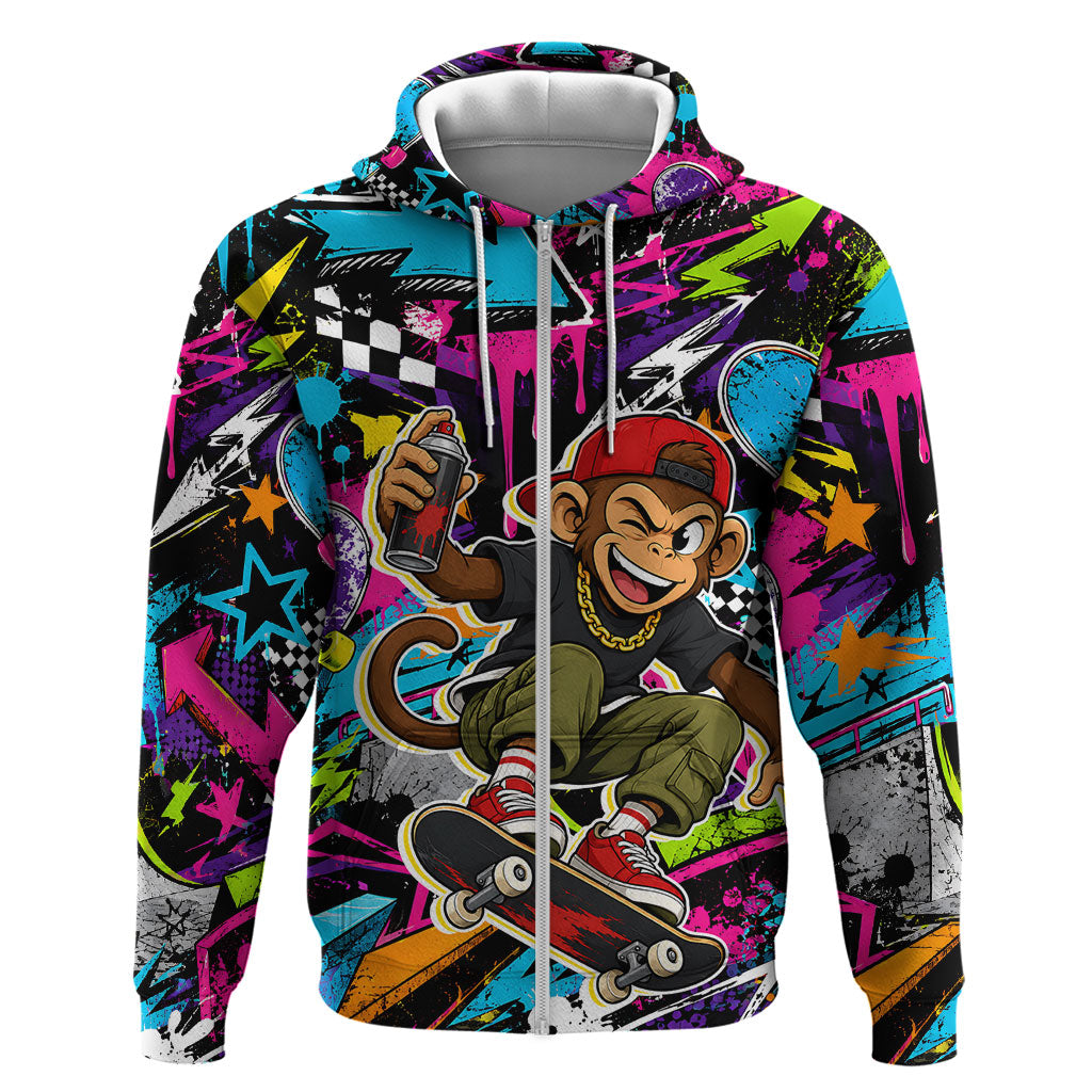 Skateboarding Monkey Zip Hoodie Neon Graffiti Spray Paint Urban Streetwear Art