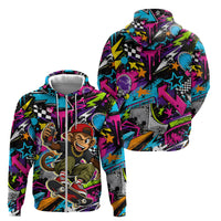 Skateboarding Monkey Zip Hoodie Neon Graffiti Spray Paint Urban Streetwear Art