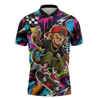 Skateboarding Monkey Zipper Polo Shirt Neon Graffiti Spray Paint Urban Streetwear Art