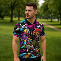 Skateboarding Monkey Zipper Polo Shirt Neon Graffiti Spray Paint Urban Streetwear Art