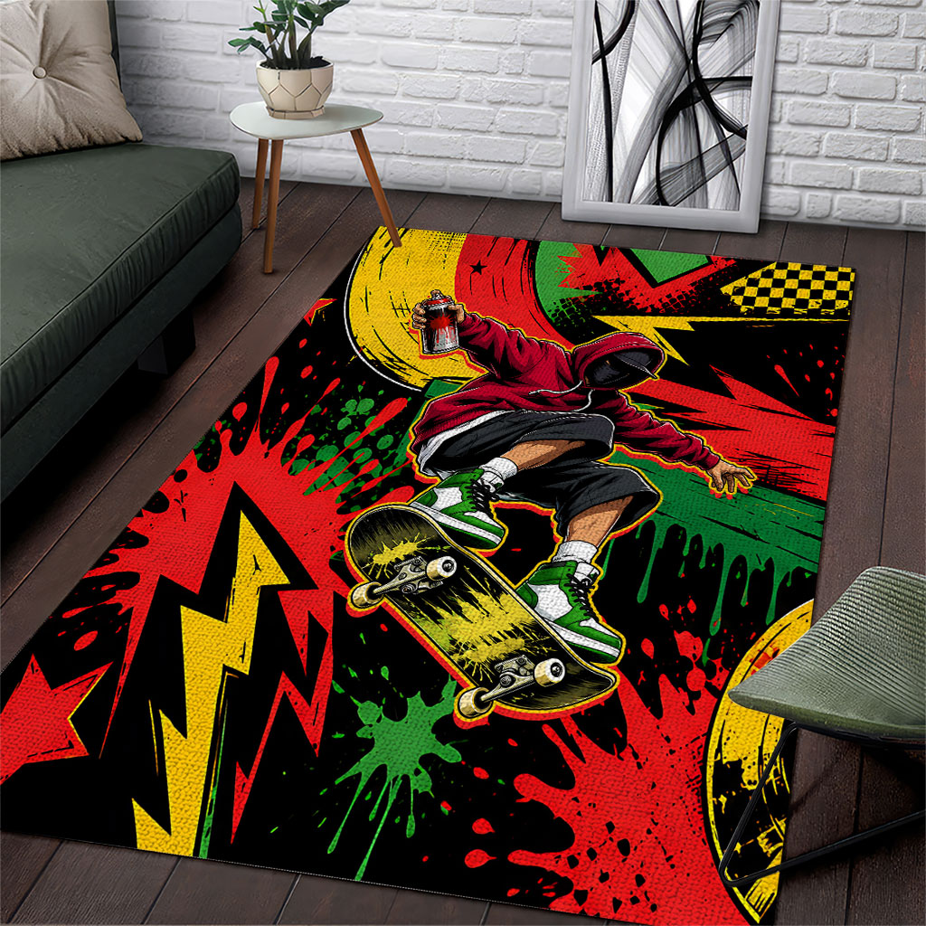 Skateboarder Spray Painter Area Rug Rasta Colors Graffiti Streetwear Pop Art Graphic