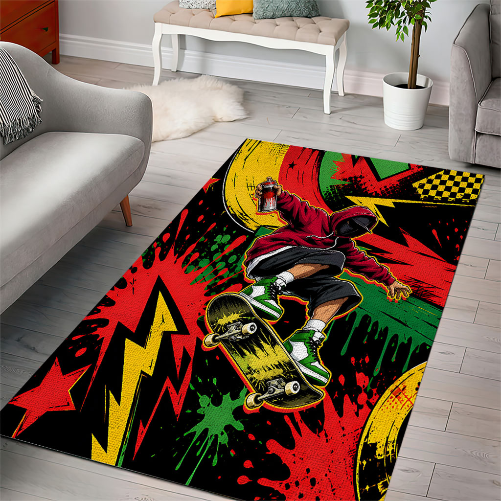 Skateboarder Spray Painter Area Rug Rasta Colors Graffiti Streetwear Pop Art Graphic