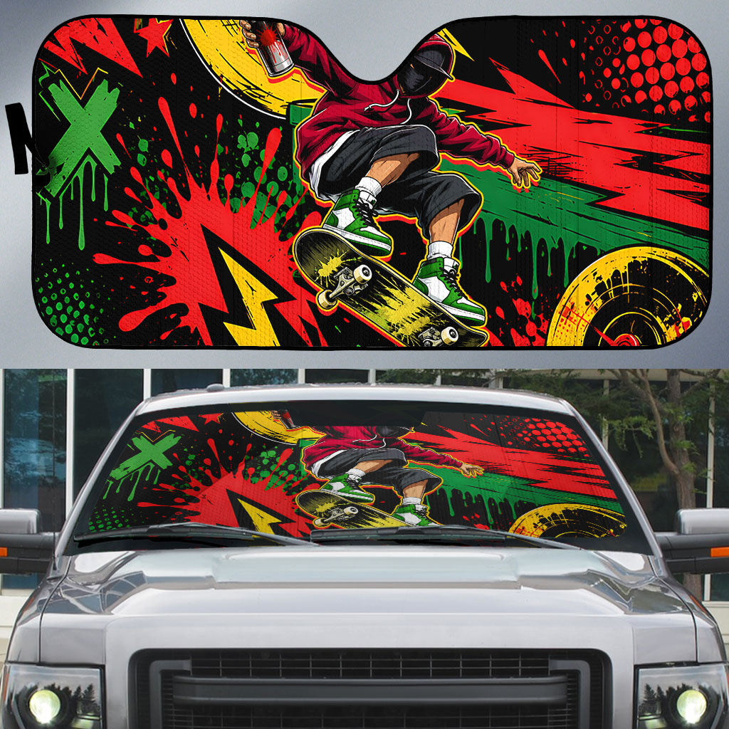 Skateboarder Spray Painter Auto Sun Shade Rasta Colors Graffiti Streetwear Pop Art Graphic
