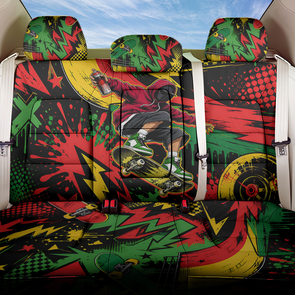 Skateboarder Spray Painter Back Car Seat Cover Rasta Colors Graffiti Streetwear Pop Art Graphic