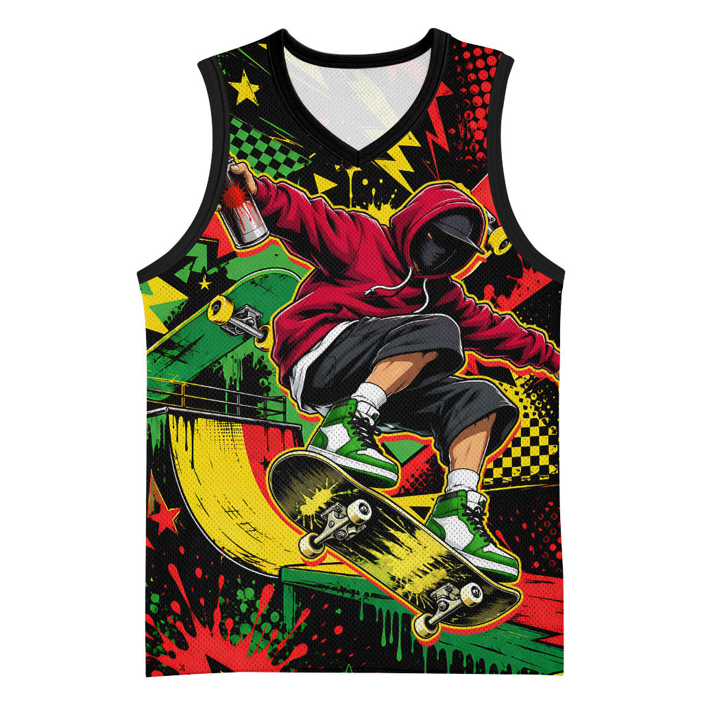 Skateboarder Spray Painter Basketball Jersey Rasta Colors Graffiti Streetwear Pop Art Graphic