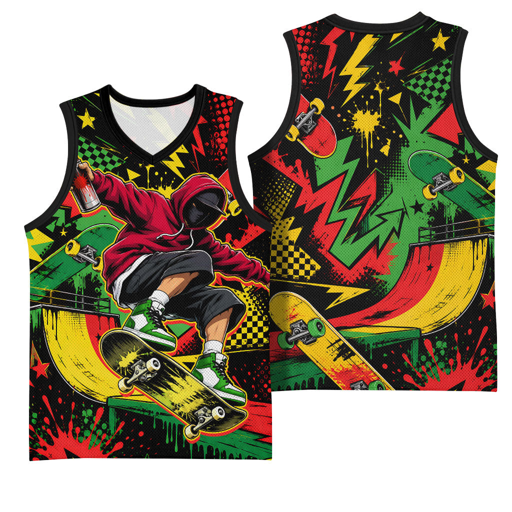 Skateboarder Spray Painter Basketball Jersey Rasta Colors Graffiti Streetwear Pop Art Graphic