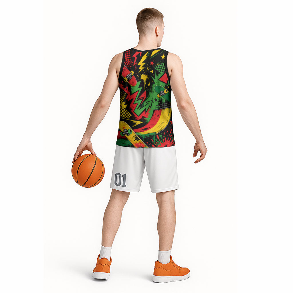 Skateboarder Spray Painter Basketball Jersey Rasta Colors Graffiti Streetwear Pop Art Graphic