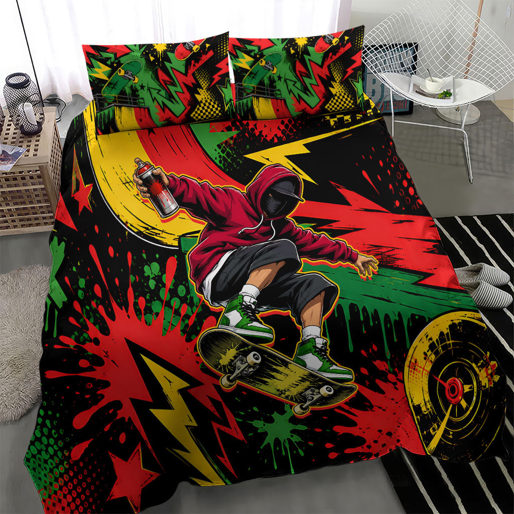 Skateboarder Spray Painter Bedding Set Rasta Colors Graffiti Streetwear Pop Art Graphic