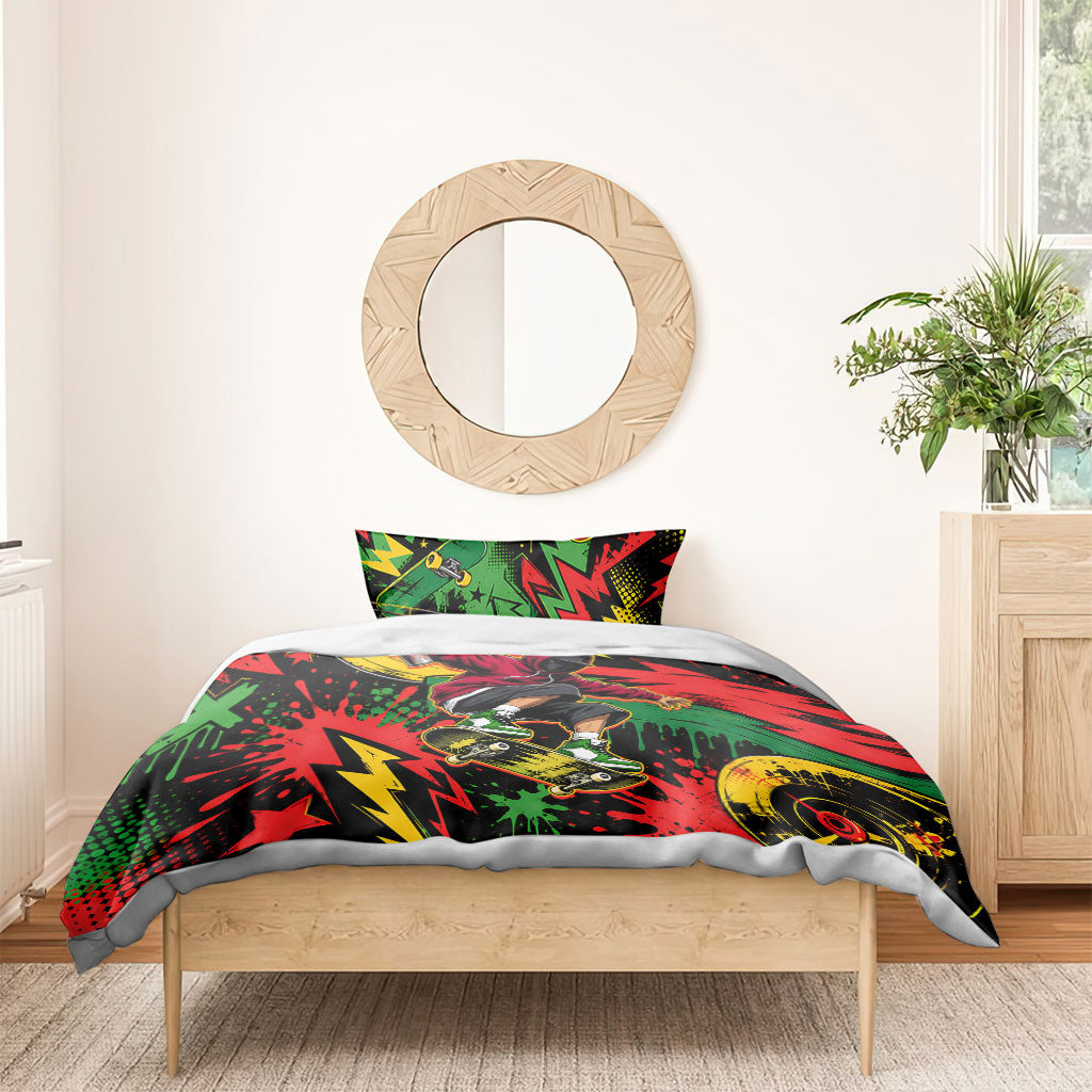 Skateboarder Spray Painter Bedding Set Rasta Colors Graffiti Streetwear Pop Art Graphic