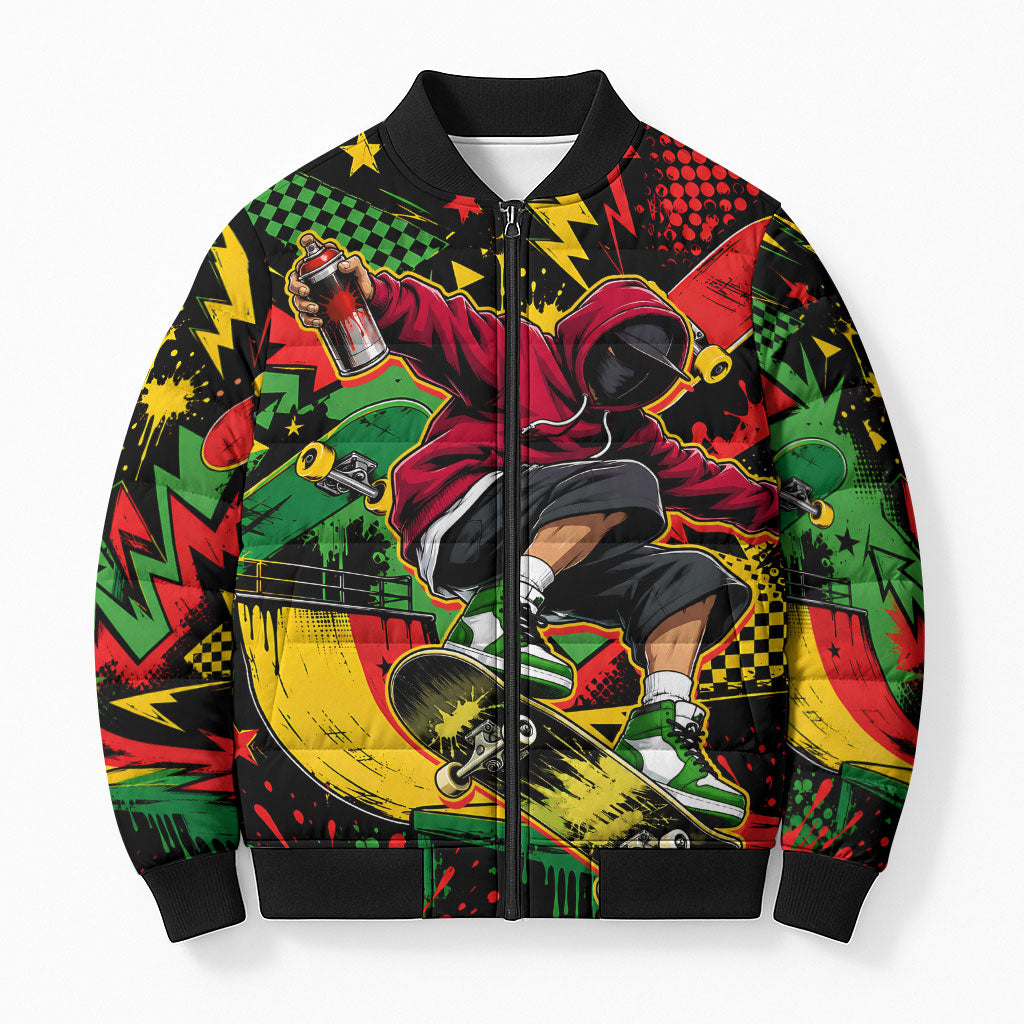 Skateboarder Spray Painter Bomber Puffer Jacket Rasta Colors Graffiti Streetwear Pop Art Graphic