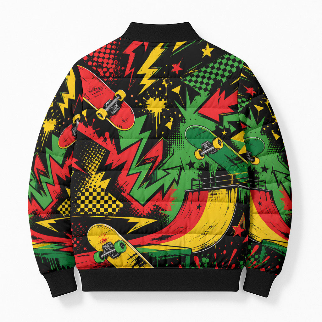 Skateboarder Spray Painter Bomber Puffer Jacket Rasta Colors Graffiti Streetwear Pop Art Graphic