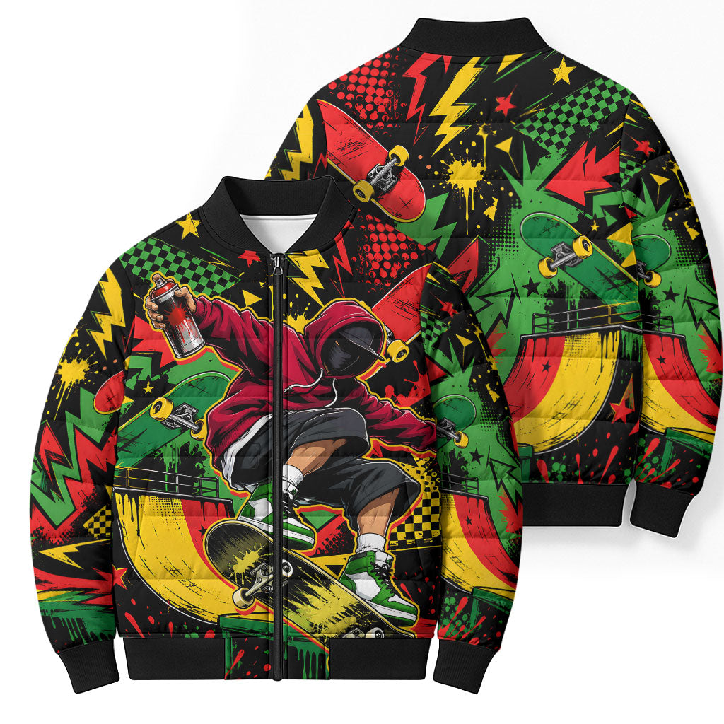 Skateboarder Spray Painter Bomber Puffer Jacket Rasta Colors Graffiti Streetwear Pop Art Graphic
