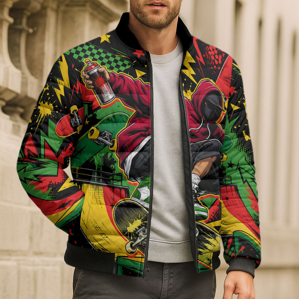 Skateboarder Spray Painter Bomber Puffer Jacket Rasta Colors Graffiti Streetwear Pop Art Graphic