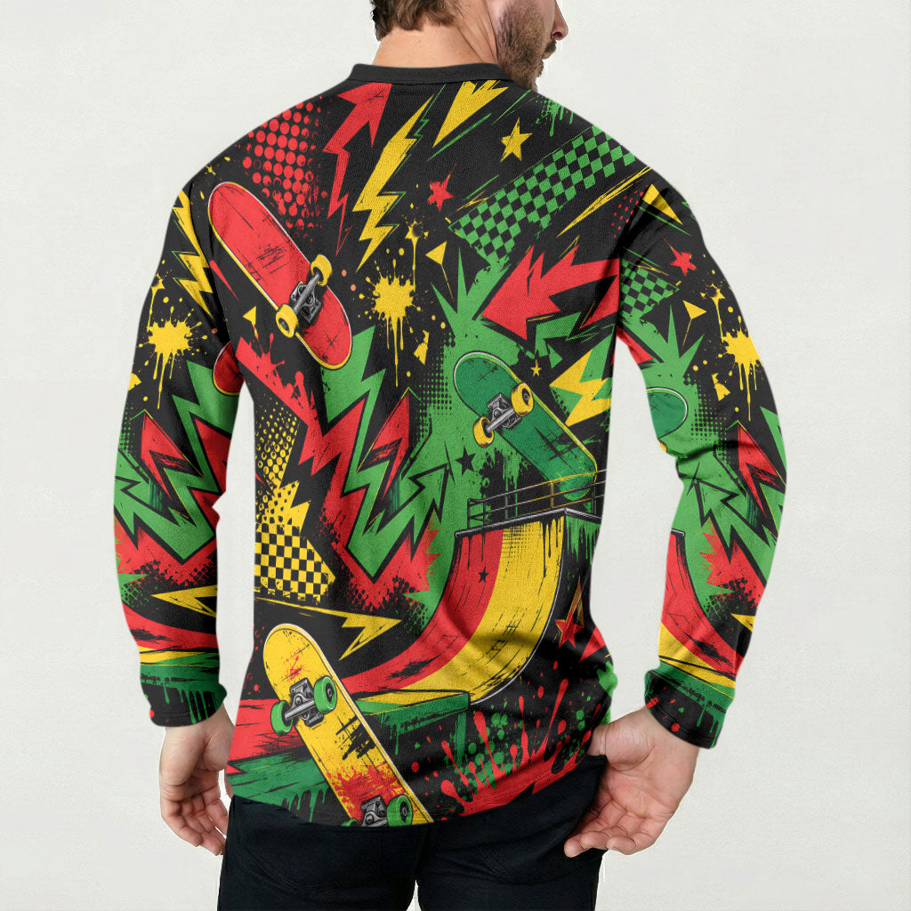 Skateboarder Spray Painter Button Sweatshirt Rasta Colors Graffiti Streetwear Pop Art Graphic