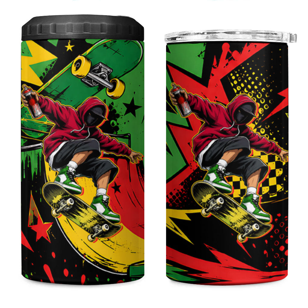 Skateboarder Spray Painter 4 in 1 Can Cooler Tumbler Rasta Colors Graffiti Streetwear Pop Art Graphic