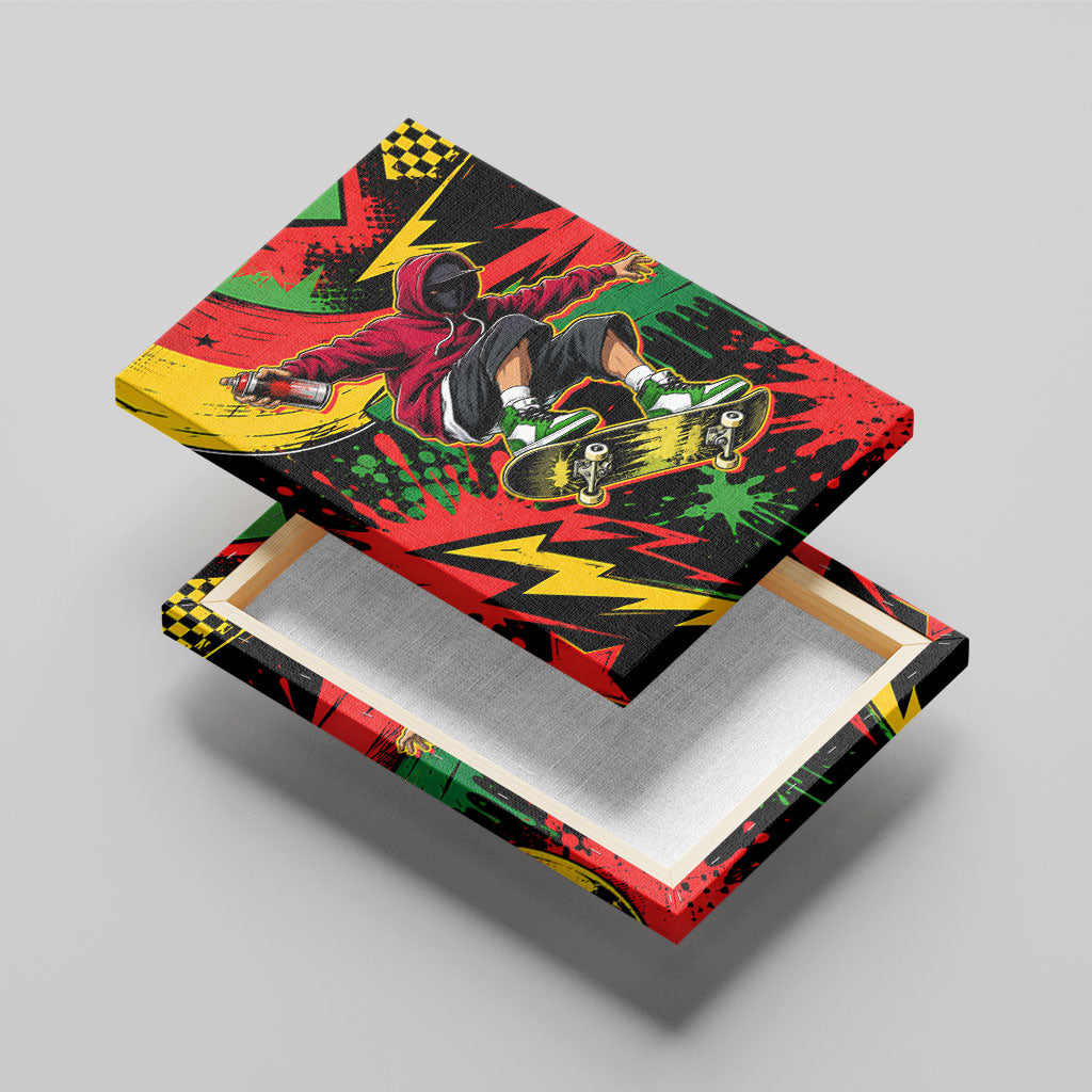 Skateboarder Spray Painter Canvas Wall Art Rasta Colors Graffiti Streetwear Pop Art Graphic