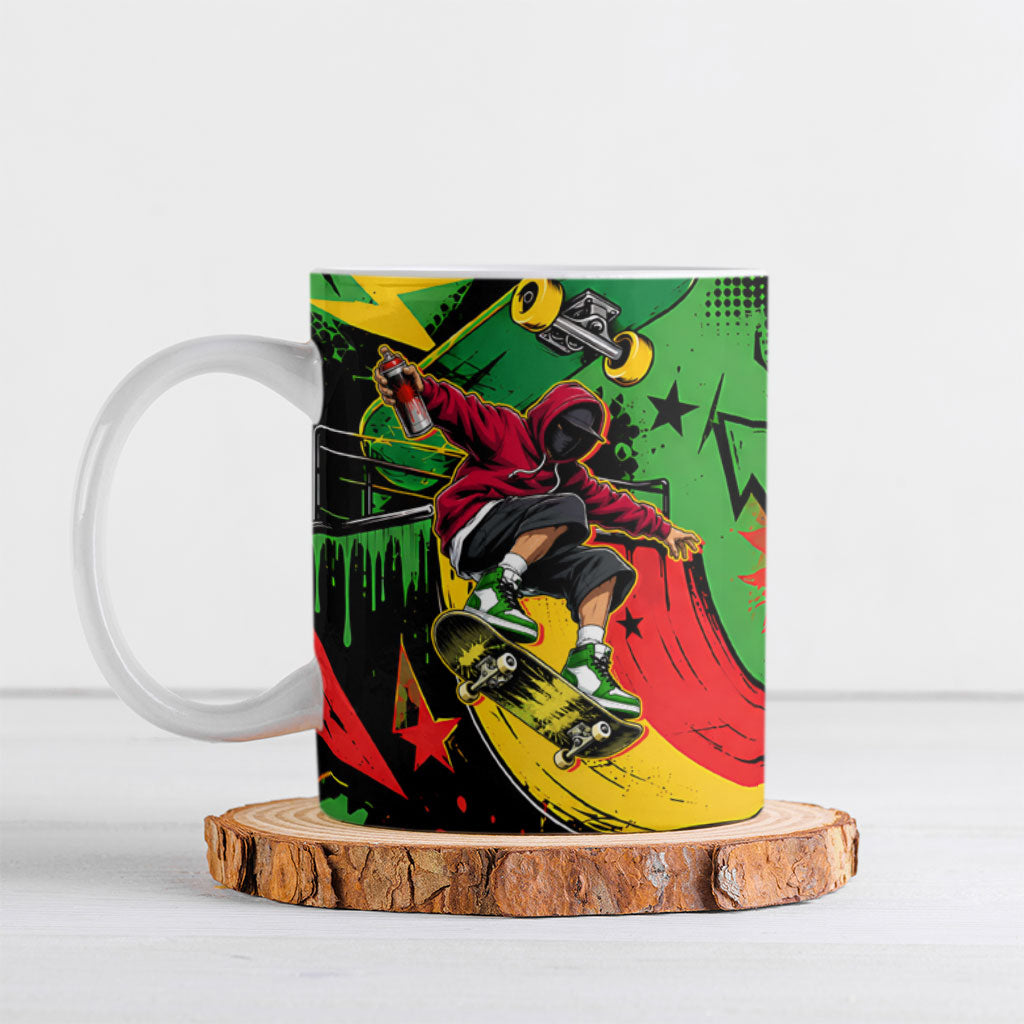 Skateboarder Spray Painter Ceramic Mug Rasta Colors Graffiti Streetwear Pop Art Graphic