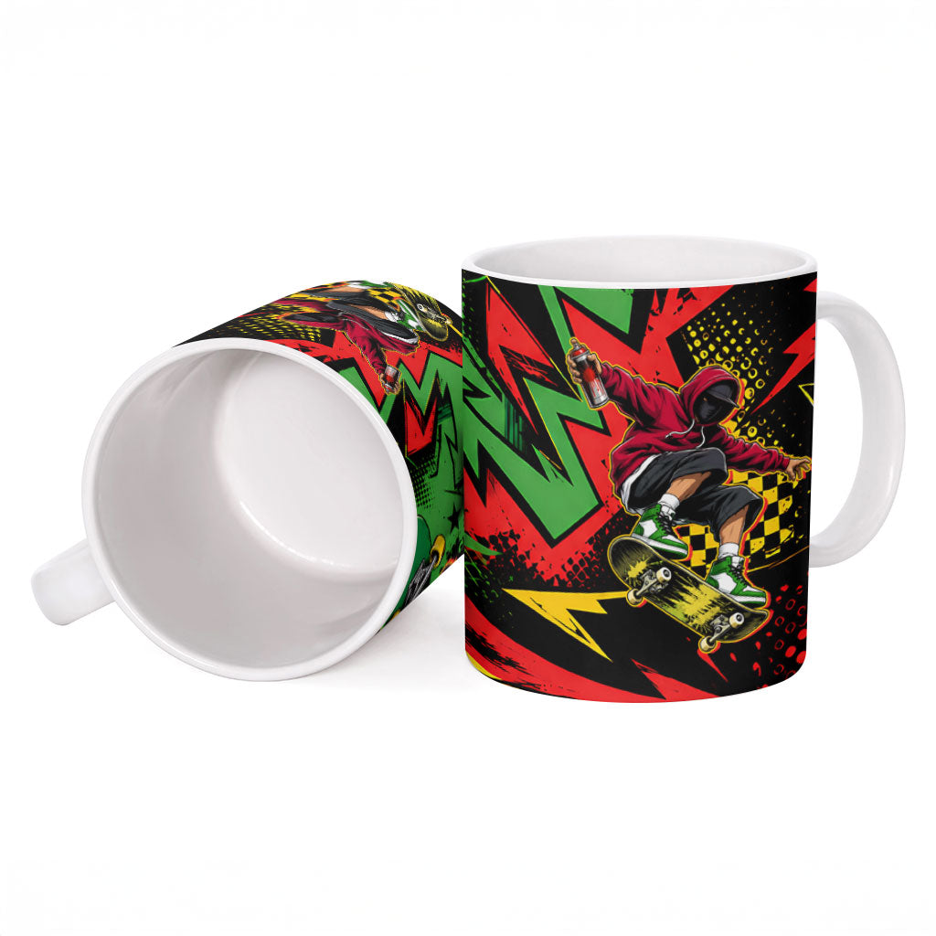 Skateboarder Spray Painter Ceramic Mug Rasta Colors Graffiti Streetwear Pop Art Graphic